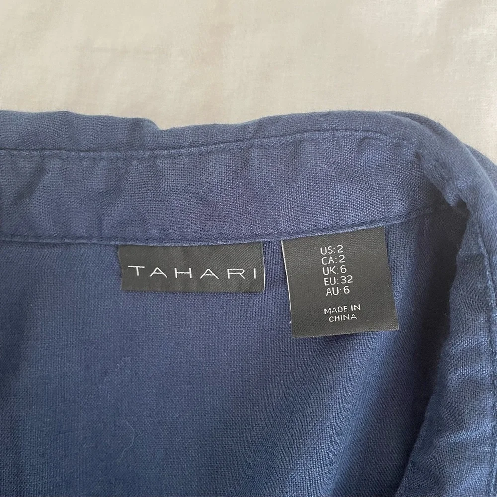Tahari SZ 2 100% Linen Shirt Dress Navy blue fit flair - Picture 7 of 8